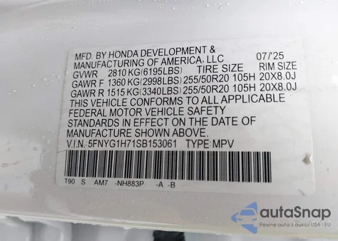 2025 Honda Pilot Touring z USA, uszkodzony, nr VIN 5FNYG1H71SB153061